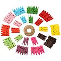 jijAcraft 100pcs Pinzas de Madera Pequeñas Decorativas para Fotos 3-5cm + 30M Cordel Yute para Decoración- Artesanía…